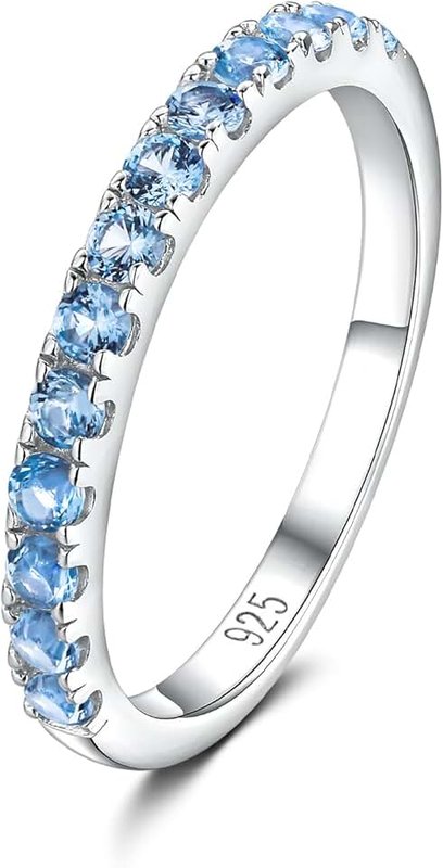 DAYBYDAY Birthstone Band Rings for Women, 925 Sterling Silver Moissanite/Sapphire/Emerald/Half Eternity Ring, 2.2mm Thin Stackable Wedding Band Anniversary Rings for Her