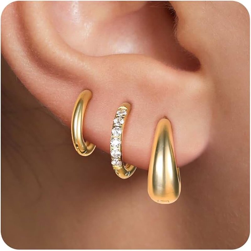 LIHADA Surgical Steel Huggie Hoop Earrings for Women Set,14K Gold Plated Small Hypoallergenic Lightweight CZ Huggie Earrings, Waterproof Non Tarnish, for Multiple Piercing