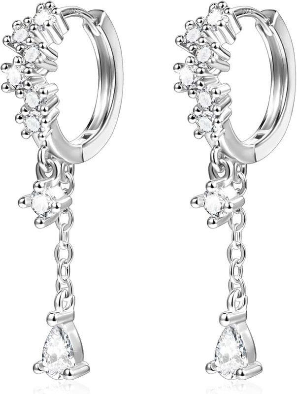 ALEXCRAFT 925 Sterling Silver Drop Dangle Earrings Cubic Zirconia Teardrop Hoop Dangle Earrings for Women Hypoallergenic Drop Water CZ Dangle Chain Huggie Sterling Sliver Post Earrings for Jewelry Gifts