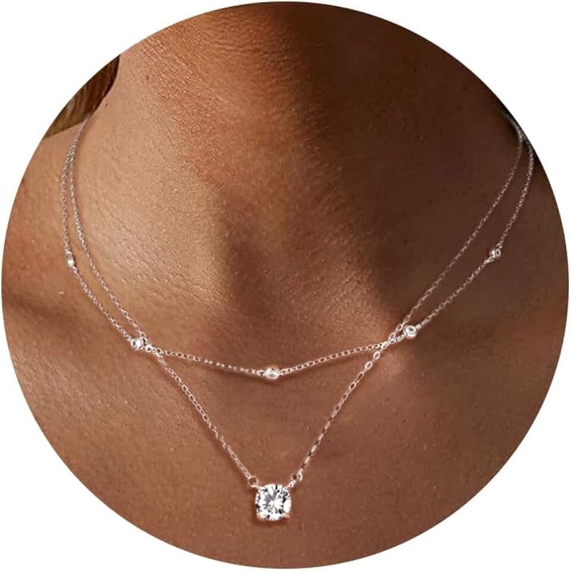 ALEXCRAFT Gold Necklace for Women Lady, 14K Real Gold Plated Adjustable Necklace Double Layer Stackable 2 Layered Chains with Zirconia Circle Pendant Necklaces Women Lady Jewelry