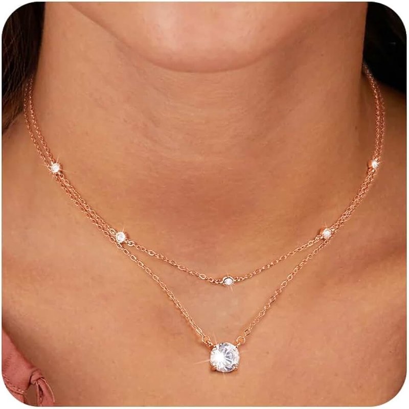 ALEXCRAFT Gold Necklace for Women Lady, 14K Real Gold Plated Adjustable Necklace Double Layer Stackable 2 Layered Chains with Zirconia Circle Pendant Necklaces Women Lady Jewelry