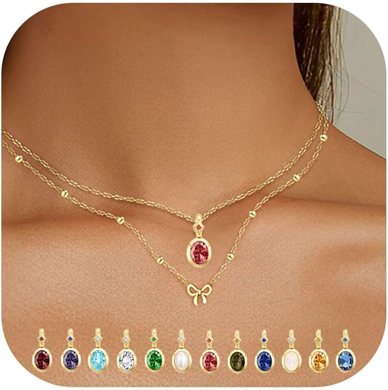 Sundurich Gold Birthstone Necklaces for Women - Bow Necklace 18K Dainty Gold Necklace Blue Green Cubic Zirconia Pendant Necklace Birthday Gifts for Women Jewelry