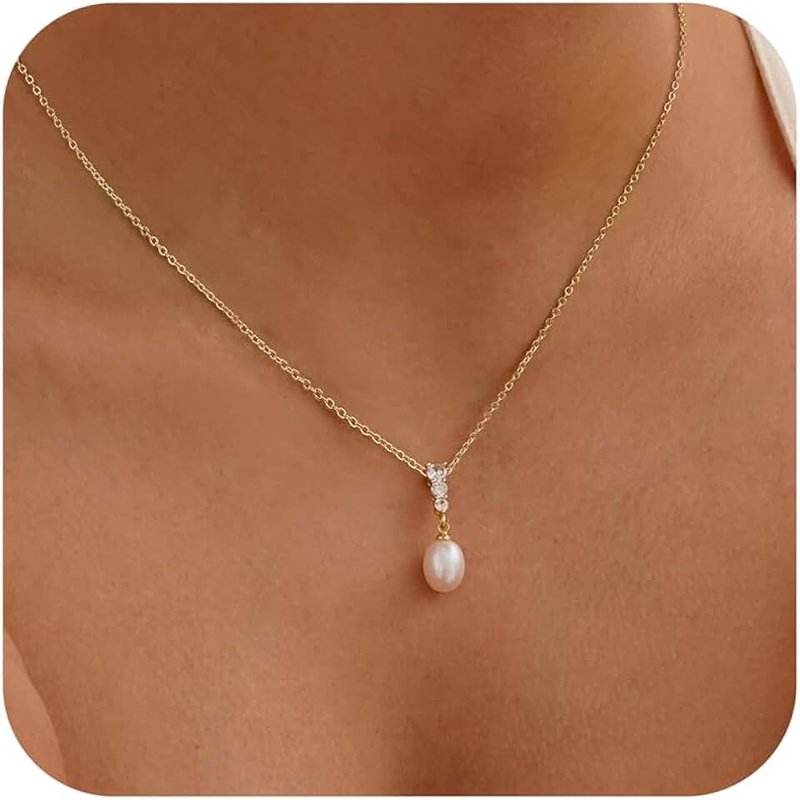 Hayopi Pearl Necklace for Women Trendy,14k Gold Plated Necklace Dainty Wedding Necklace Small Cute Choker Necklace Beaded Lariat Drop Necklace Vintage Waterproof Jewelry for Women Gold Jewelry Fashion Gifts