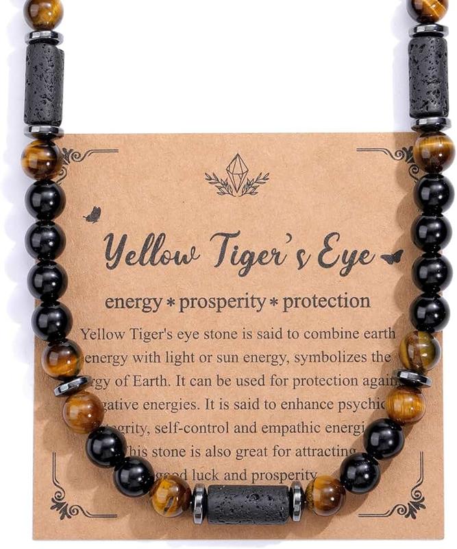 PESOENTH Mens Tiger Eye Obsidian Hematite Lava Crystal Gemstone Beaded Necklace Jewelry for Men,Men's Anxiety Spiritual Necklace Gifts for Men Dad Boyfriend Husband Birthday Valentines