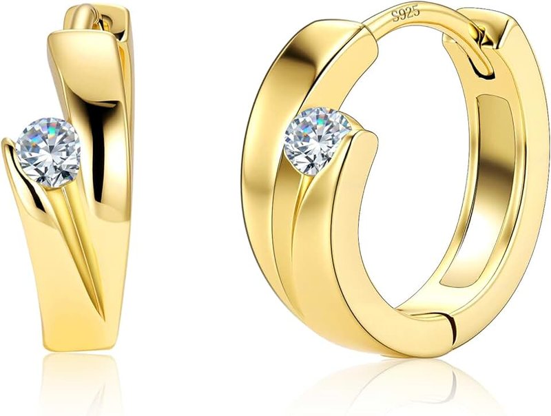 ALEXCRAFT 14K Goldplated Hoop Earrings for Women, Hypoallergen Small Tiny 925 Sterling Silver Sleeper Cartilage Twist Huggie Hoop Earrings With Ball Zirconia Shiny Simple Elegant Jewelry for Women