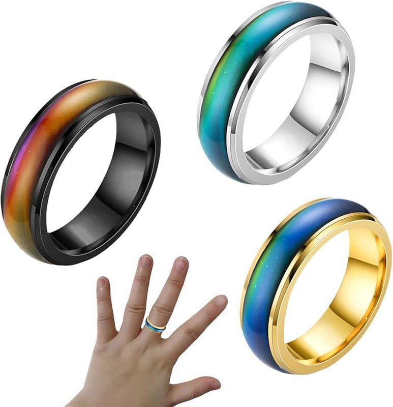 3PCS Rotatable Mood Control Rings, Stainless Steel Color Changing Ring, Fashion Colorful Mood Rings for Kids Boys Women