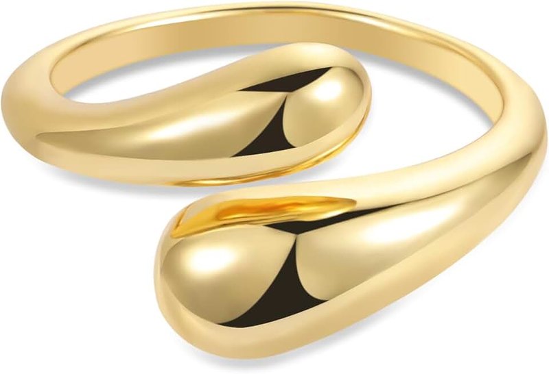 ALEXCRAFT Rings for Women, Hypoallergenic 14K Gold Plated Chunky Teardrop Water Drop Ring Silver Adjustable Large Thick Smooth Curved Open Thumb Finger Rings for Women Men
