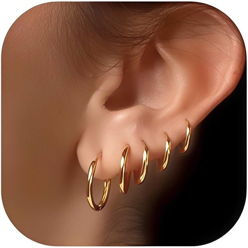 FriBasics 5 Pairs Lightweight Small Gold Huggie Hoop Earrings Set for Women Non-Lead Non-Nickel Earrings for Sensitive Ears 14K Gold Filled Non-Tarnish Everyday Earrings for Multiple Piercing Stack Jewelry