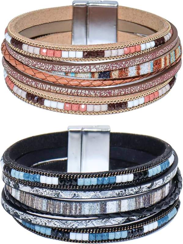 WQYILEAER Bracelets for Women, 2Pcs Leather Wrap Layer Bracelets Boho Rustic Multi-Layer Braided Bracelet Stack Bracelet for Women