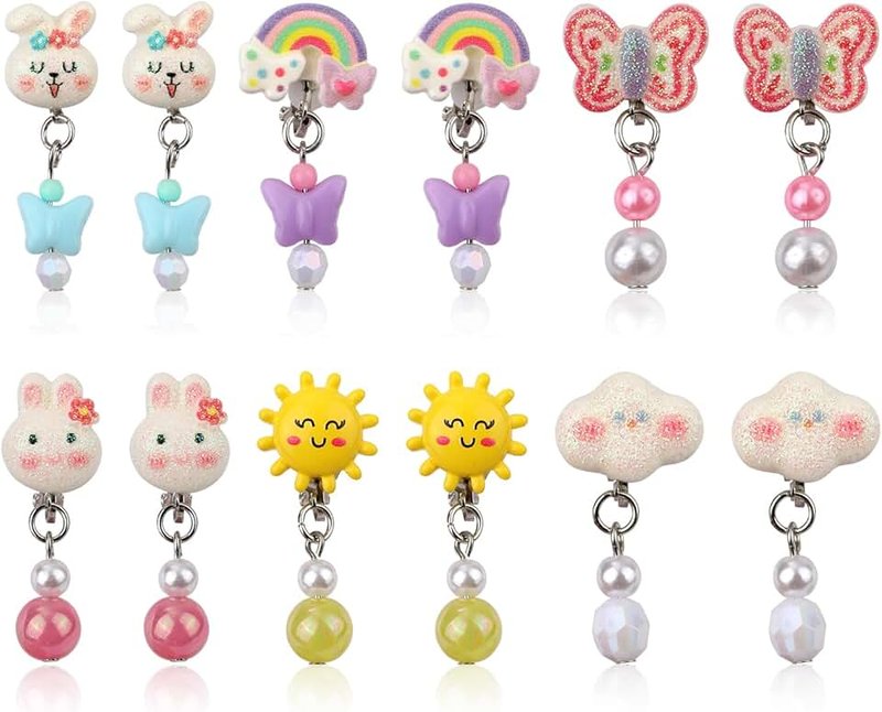 Mikovivi 6 Paar Ohrclips für Mädchen, Ohrstecker-Set Ohne Ohrloch mit Ohrpolstern Süßes Schmetterlings-Kaninchen-Regenbogen-Design Ohrclips für Kinder Ohne Loch Schmuck als Geschenk