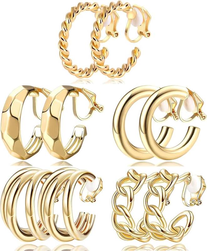 Pddenality 5 Pairs Clip On Earrings for Women & Girls, Chunky Gold Hoop Earrings with Classic Design - Hypoallergenic Fake Earrings Gift Set
