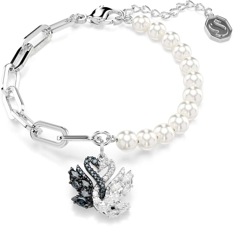 Swarovski Swan bracelet, Crystal pearl, Swan, Black, Rhodium finish