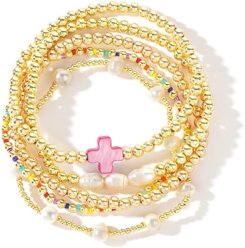 SHINUS BOHO 14K Gold Pearl Beaded Cross Bracelets Stack Set for Women,Stretch Boho Colorful Christian Beads Ball Jewelry Trendy Gift