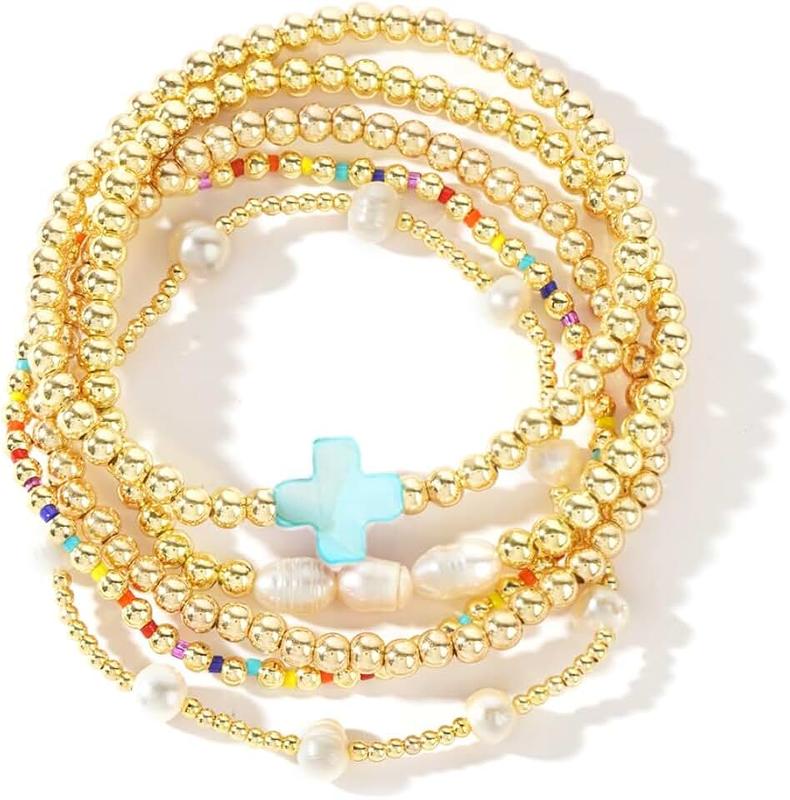 SHINUS BOHO 14K Gold Pearl Beaded Cross Bracelets Stack Set for Women,Stretch Boho Colorful Christian Beads Ball Jewelry Trendy Gift