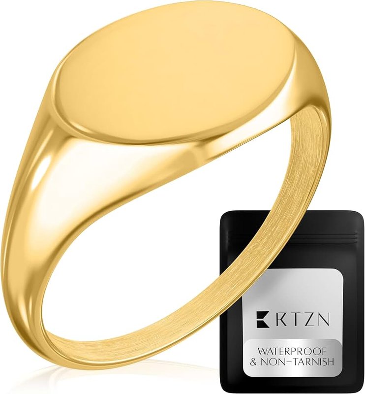 RTZN RTZN® Signet Rings for Men — Premium Mens Stainless Steel Rings — 100% Waterproof & Non Tarnish Plain Statement Mens Signet Ring Gold/Silver Pinky Ring for Men (SIZE: 6-12)