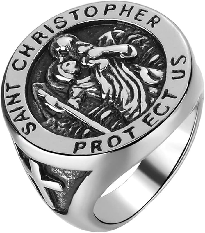 GAUEIOUR Signet Ring for Men with Saint Christopher,Saint Christopher Protect US Statement Bands,Gothic Sliver Ring Amulet Jewellery Gift,Titanium Steel Ring,Szie 8(Silver)