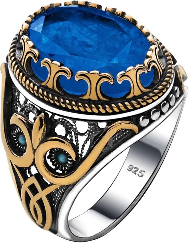 Alpha Rock Genuine Solid 925 Sterling Silver Accented with Bronze and Stone, Authentic Vintage Turkish Ottoman Style Ring for Men