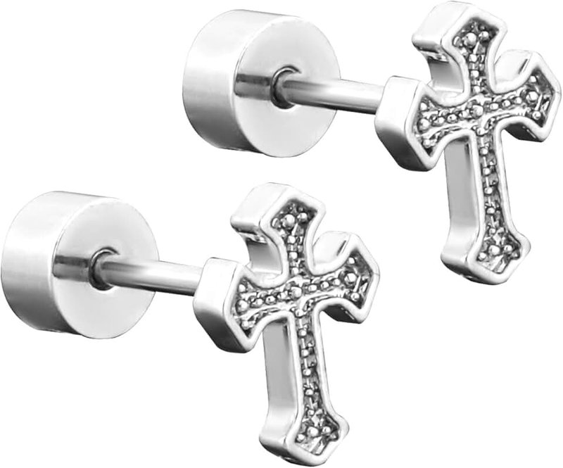 Mikovivi Cross Earrings, Titanium Steel Cross Flat Screw Back Small Stud Earrings Vintage Simple Cartilage Christian Stylish Jewelry Faith Women Men (Silver), Medium, Stainless Steel