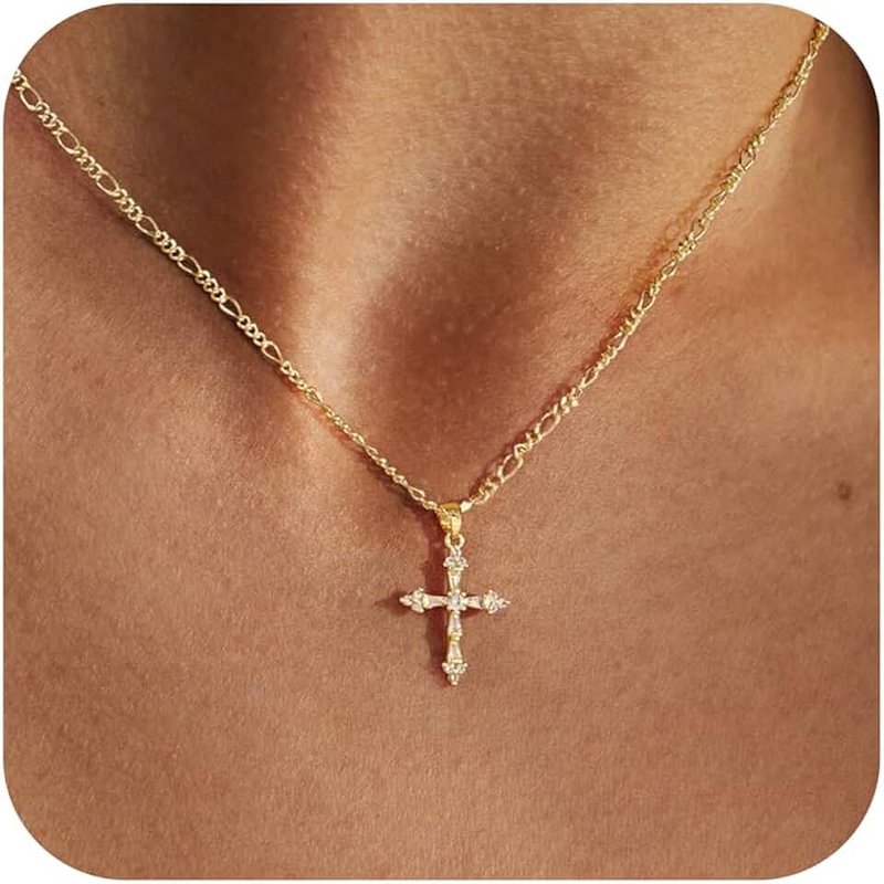 FICXOR Cross Necklace for Women,14k Dainty Gold Plated Cross Necklaces Simple Pendant Necklaces for Women Trendy Small Gold Charm Necklace Cute Choker for Women Jewelry Gifts