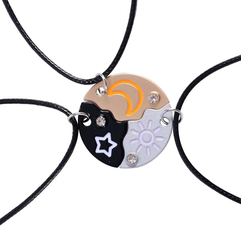 Mikovivi Trio Friendship Necklaces for 3, Engraved Sun Star Moon Pendant Necklaces Round Best Friends Forever Puzzle Matching Necklace with Rhinestone Jewelry Gifts for Women Sisters