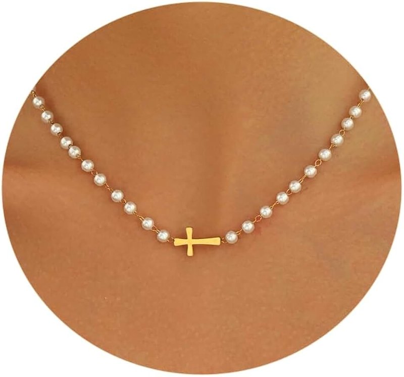 Nawflue Pearl Necklaces for Women 18K Gold Plated Dainty Cross Necklace Gold Flower Pearls Beaded Choker Necklace Trendy Stainless Steel Bridesmaid Wedding Jewelry