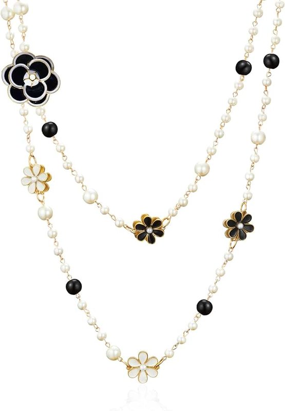 IDOKAWA 8MM Round Simulated Shell Pearl Strand Layered Necklace for Women, Dainty Multiple Strands Long Necklace for Party, Vintage Costume Jewelry