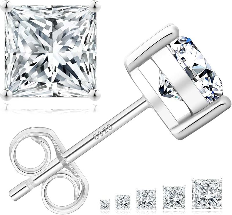 KRKCLIFE Moissanite Studs Earrings for Women, 0.6-2CT Simulated Princess Cut Moissanite Diamond, 925 Sterling Silver D Color VVS1, 14K Gold/White Gold Plated
