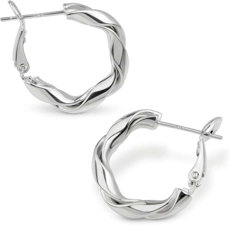 Amberta Silver Gold Plated Chunky Twisted Hoop Earrings | Hypoallergenic 925 Sterling Silver Post | Round Statement Bold Hoops for Women, Classy Gift Lightweight
