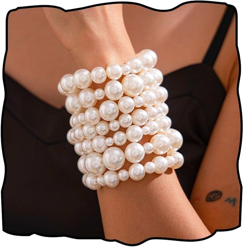 Dmaiy Pearl Bracelets for Women White Pearl Bracelet Stretch Pearl Bangles Stacked Wedding Pearls Bracelet