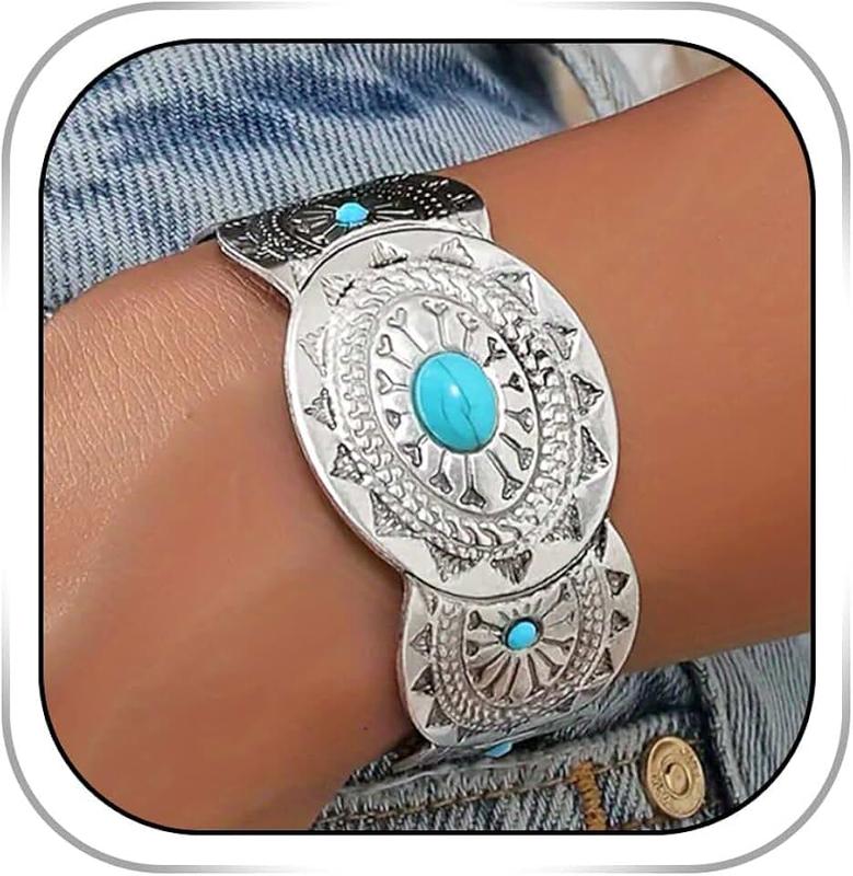 Dmaiy Boho Cuff Bracelets for Women Silver Wide Bracelet Chunky Turquoise Bracelets Western Cowgirl Bangle for Holiday