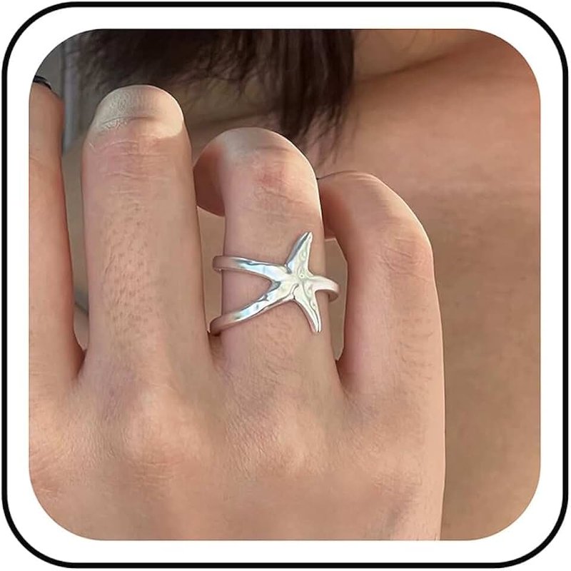 Nojess Starfish Statement Ring For Women Stainless Steel Seashell Rings Opening Adjustable Gold Silver Starfish Ring Irregular Beach Rings Summer Beachy Ocean Jewelry Gift