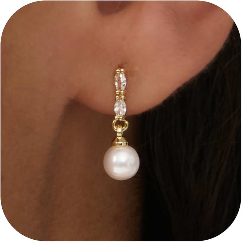 GUOKE Pearl Earrings for Women - 14K Gold Plated Bridal Pearl Drop Earrings Elegant Wedding Studs for Brides