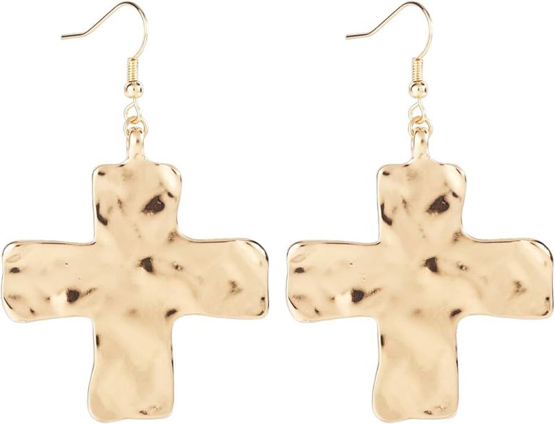 Mikovivi Hammered Cross Earrings for Women Gift, Premium Alloy Chunky Gold Cross Drop Earrings Large Statement Hook Dangle Stylish Women Faith Jewelry Accessories for Church, Casual, Easter & Party, Medium,