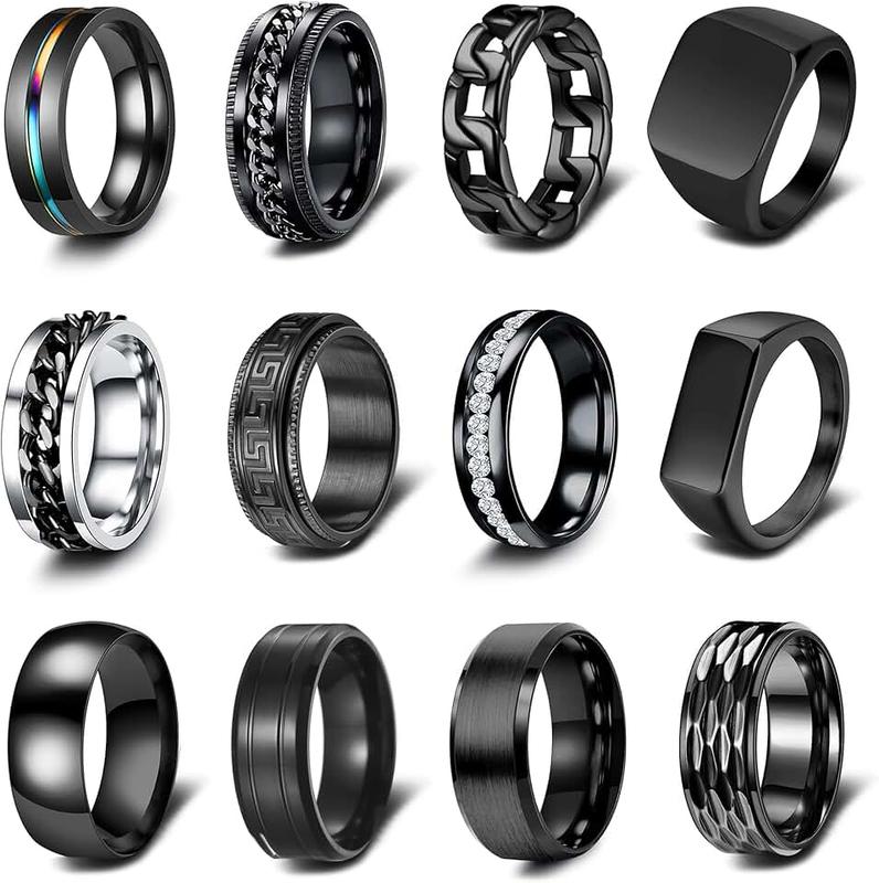 EIELO 12Pcs Rings for Men Stainless Steel Band Rings Square Signet Rings Pinky Thumb Ring Silver Chunky Thick Dome Band Cuban Link Chain Ring Simple Cool Wedding Finger Ring 7-14