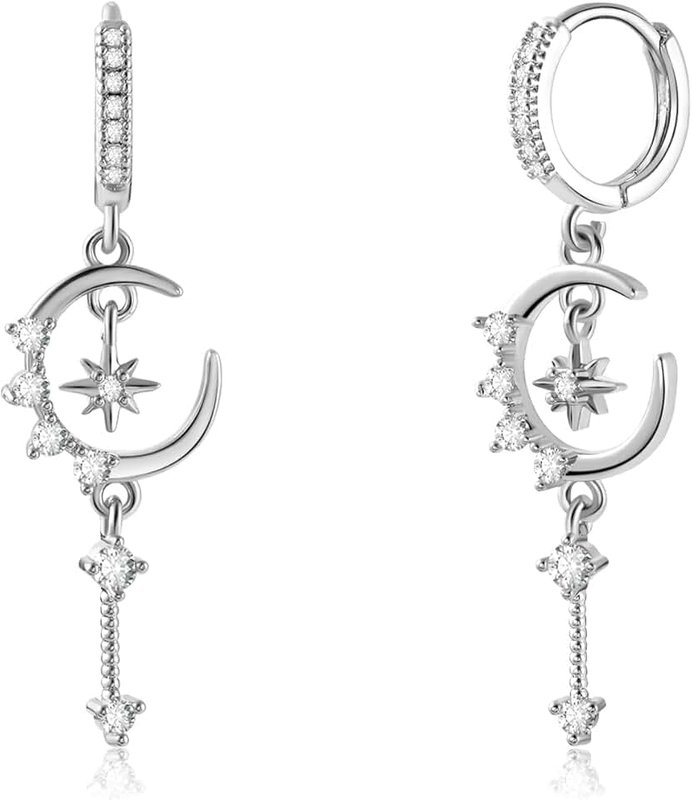 Watforsh Silver Dangle Hoop Earrings for Women Star and Moon Earrings Huggie with Cubic Zirconia Celestial Space Style