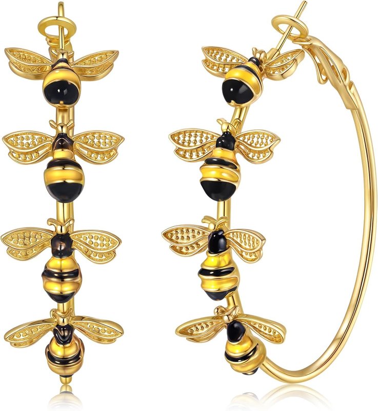HSWE Bee Hoop Earrings Honey Bees Large Gold Hoops Earrings Stud Fun Cute Animal Jewelry for Women Spring Summer Holiday Party Gift