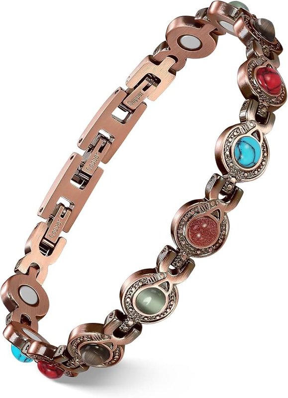 Feraco Pure Copper Bracelets for Women, Ultra Strength Magnetic Bracelet with 3800 Gauss Magnets & Natural Turquoise & Stones, Adjustable, Jewelry Gift