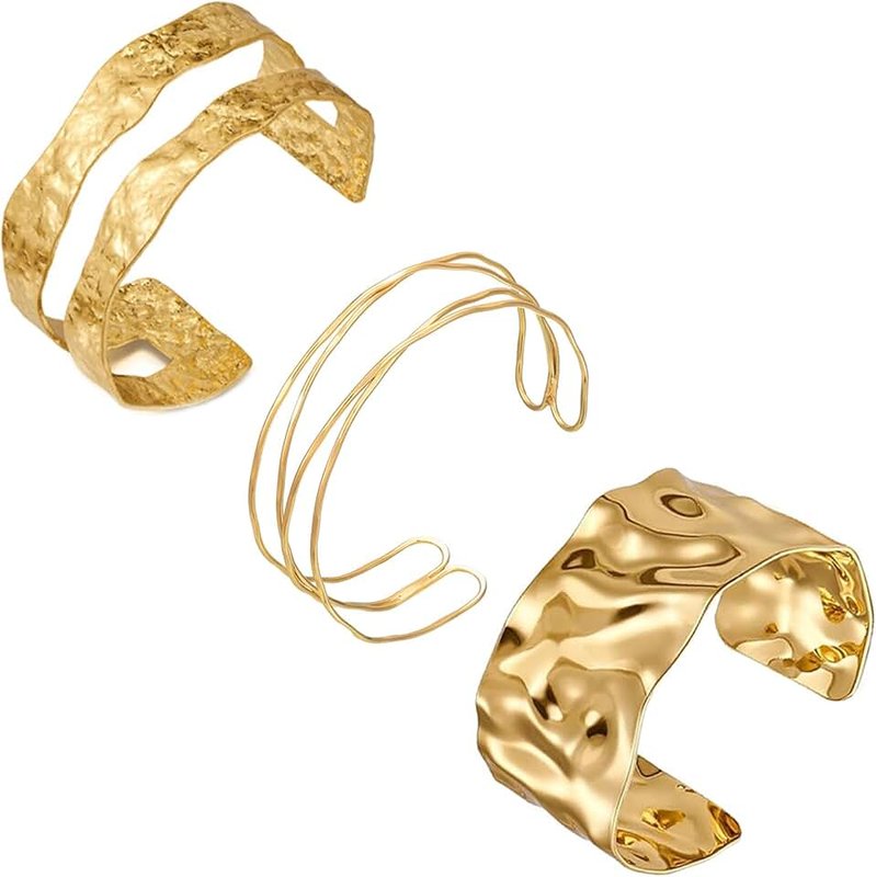 agogue 3 Piece Bangles Gold Women's Upper Bangle Gold Fashion Jewellery Bangle Minimalist Bracelet Set, Vintage Adjustable Golden Bangles for Women, ein Yard, Synthesis, No Gemstone