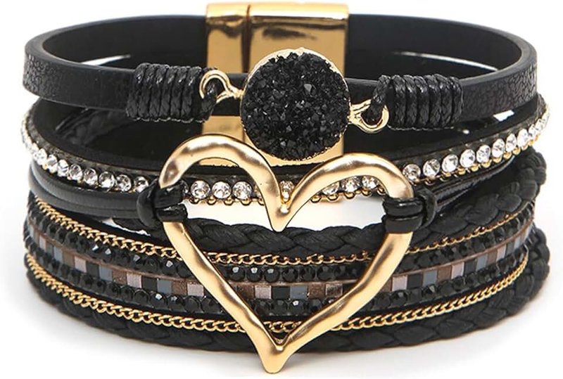 GZJINYUAN Heart Leather Wrap Bracelet, Boho Layered Cuff Bangles with Strong Clasp, Rhinestone Multilayer Stackable Bracelets for Women Gift