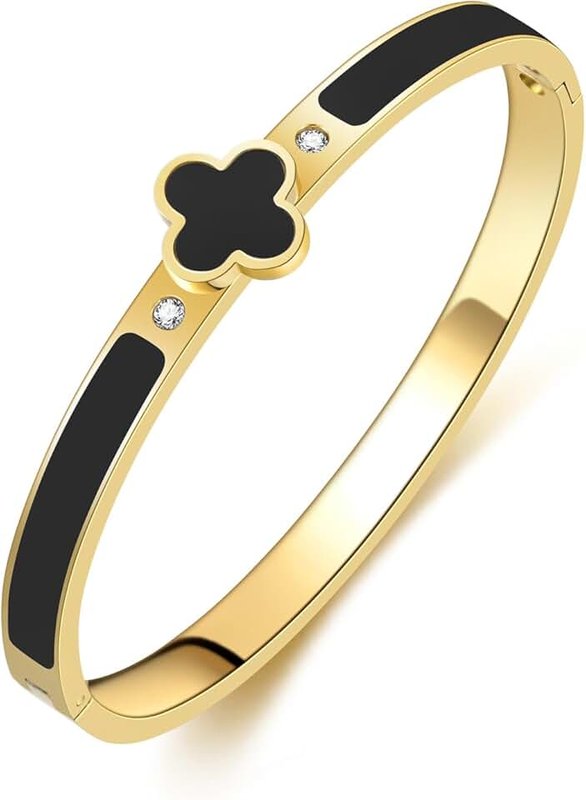 KYJAC 18k Gold Plated Stainless Steel Four Leaf Clover Bracelet for Women - Non-Tarnish, Precision Polished Chunky Oval Bangle in Black, White, Pink, Red Clover Bangle
