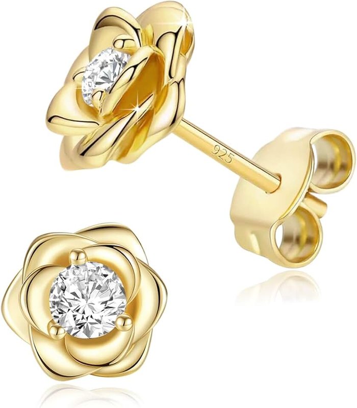 REASAYLL Rose Flower Gold Plated Stud Earrings For Women 925 Sterling Silver Post,Cubic Zirconia Hypoallergenic & Nickel Free Jewelry