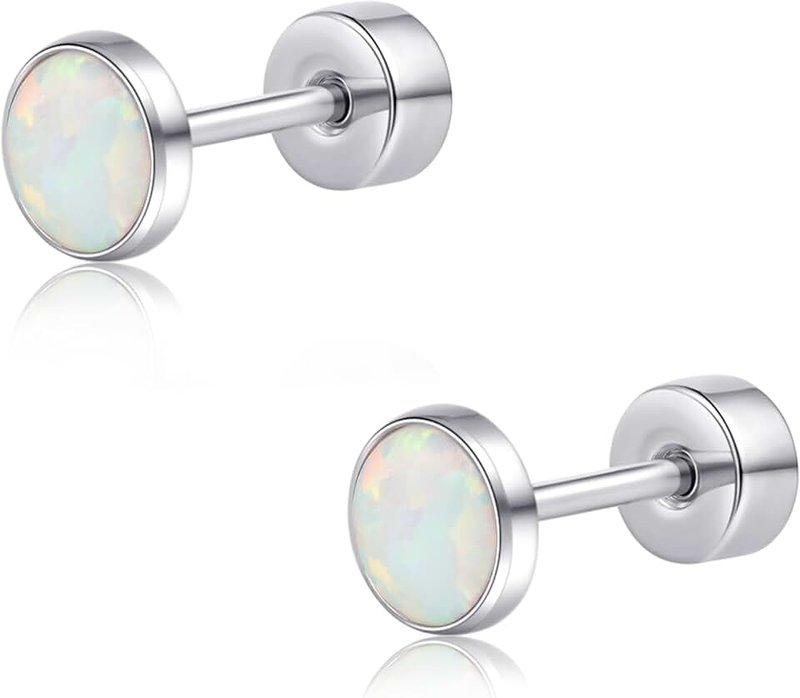 limerencia 20G Titanium Flatback Earrings for Sensitive Ears, G23 Hypoallergenic Titanium Simulated Opal Post Screw Back on Earrings for Cartilage Helix Tragus, No Gemstone