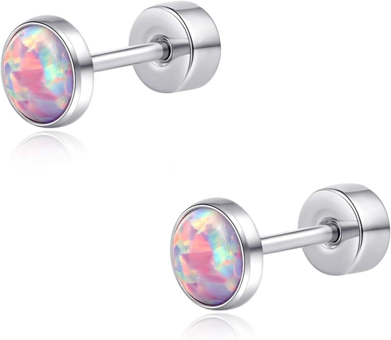 limerencia 20G Titanium Flatback Earrings for Sensitive Ears, G23 Hypoallergenic Titanium Simulated Opal Post Screw Back on Earrings for Cartilage Helix Tragus, No Gemstone