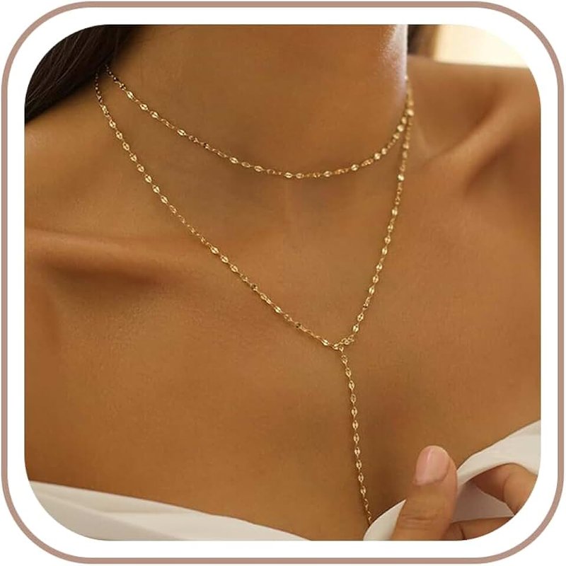 Treasure Bender Lariat Gold Necklace for Women Dainty Long 14K Gold Plated Y-Shaped Body Chain Choker Necklace Trendy Non Tarnish Pendant Simple Layered Necklaces Gold Jewelry for Women Set Gift