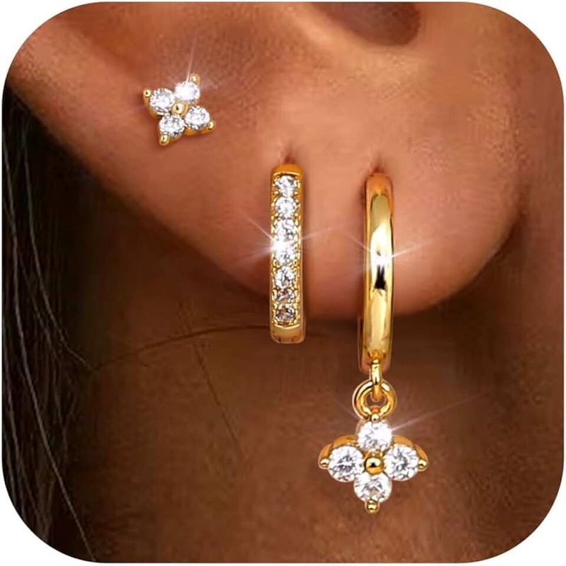 Dochais 3 Pairs of Earrings Gold Set, 14K Gold-Plated Stud Earrings, Hoop Earrings with Pendant, Hypoallergenic Waterproof, Small Cartilage Earrings, Hoop Earrings, Gold Jewellery, Gift for Women