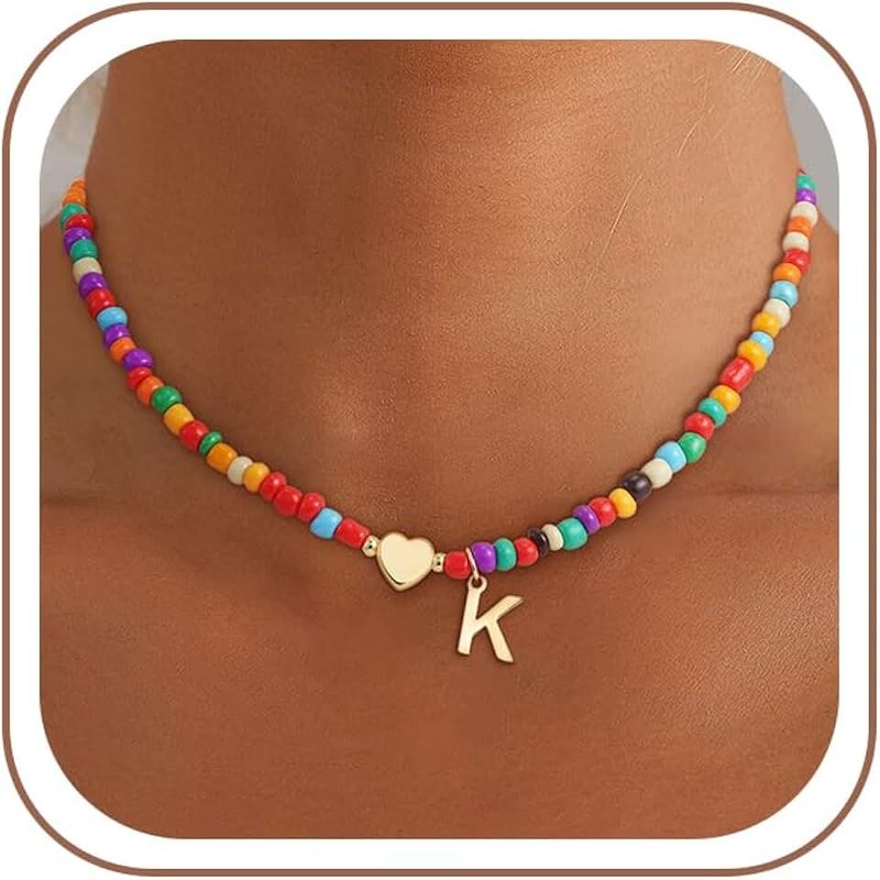 Eaciy Christmas Gifts for Grandkids Teens Girls - Colorful Beaded Initial Necklace Teen Girl Gifts Trendy Stuff Dainty Letter Choker Necklace Stocking Stuffers for Teen Girls Women Jewelry