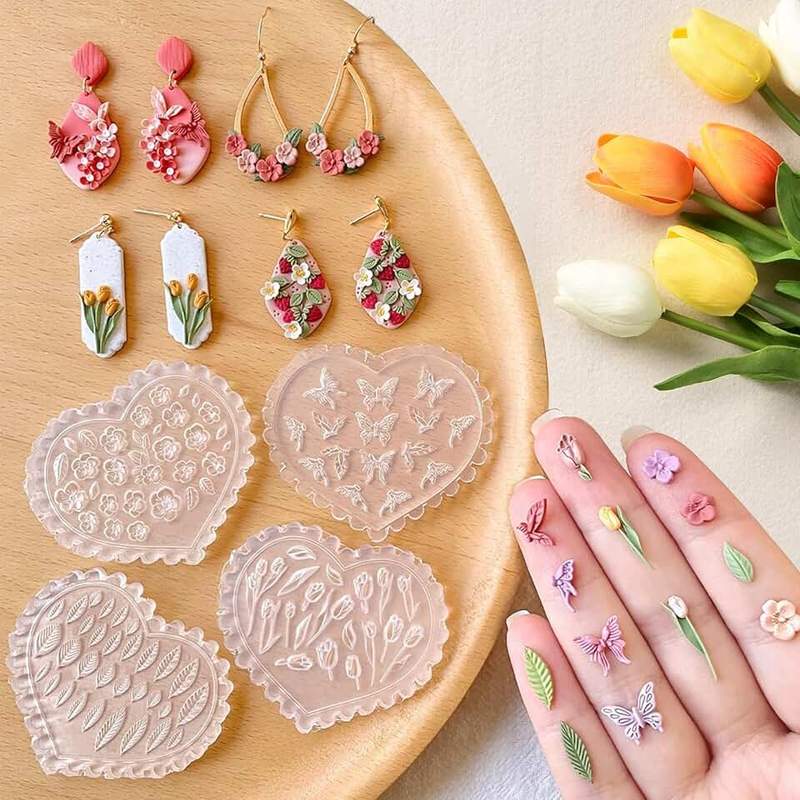 kicder Polymer Clay Molds - 4 Pcs Silicone Molds, Flower，Butterfly,Rose & Leaf Air Dry Molds, Reusable High-Temp Jewelry Making Molds for Earrings with Polymer Clay Cutters