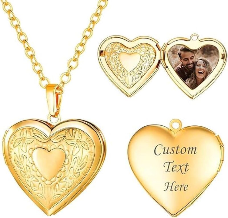 Generic Women Locket Necklace Platinum 18K Gold Photo Lockets that Hold Picture,Chain 20 Inch Personalized Gift Custom Love Heart Image Necklaces