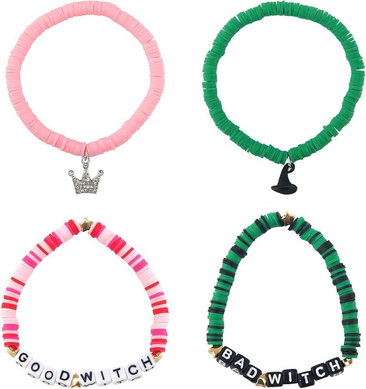 Mikovivi Pack of 4 Friendship Bracelets, Good Witch, Evil Witch, Green, Pink, Stretchy Friendship Bracelet, Sister Jewellery, Birthday the Best Sisters, M, Polymer Clay, Plastic, Iron, No