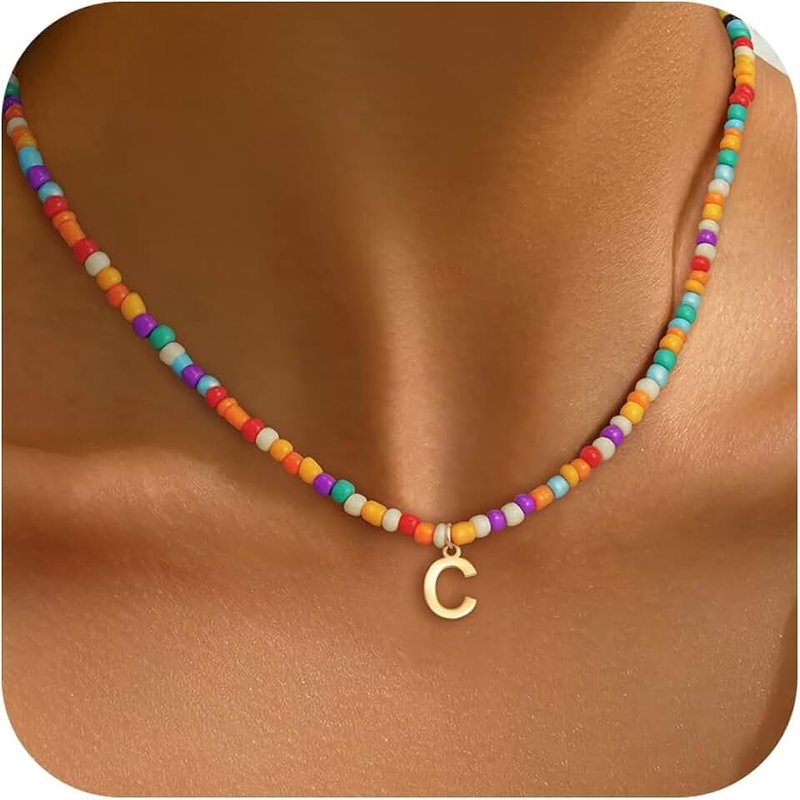 Decholly Colorful Initial Necklaces for Women Girls - Cute Beaded Choker Initial Necklace Teen Girl Gifts Trendy Stuff, Bohemian Letter Necklace Personalized Gifts for Women Jewelry